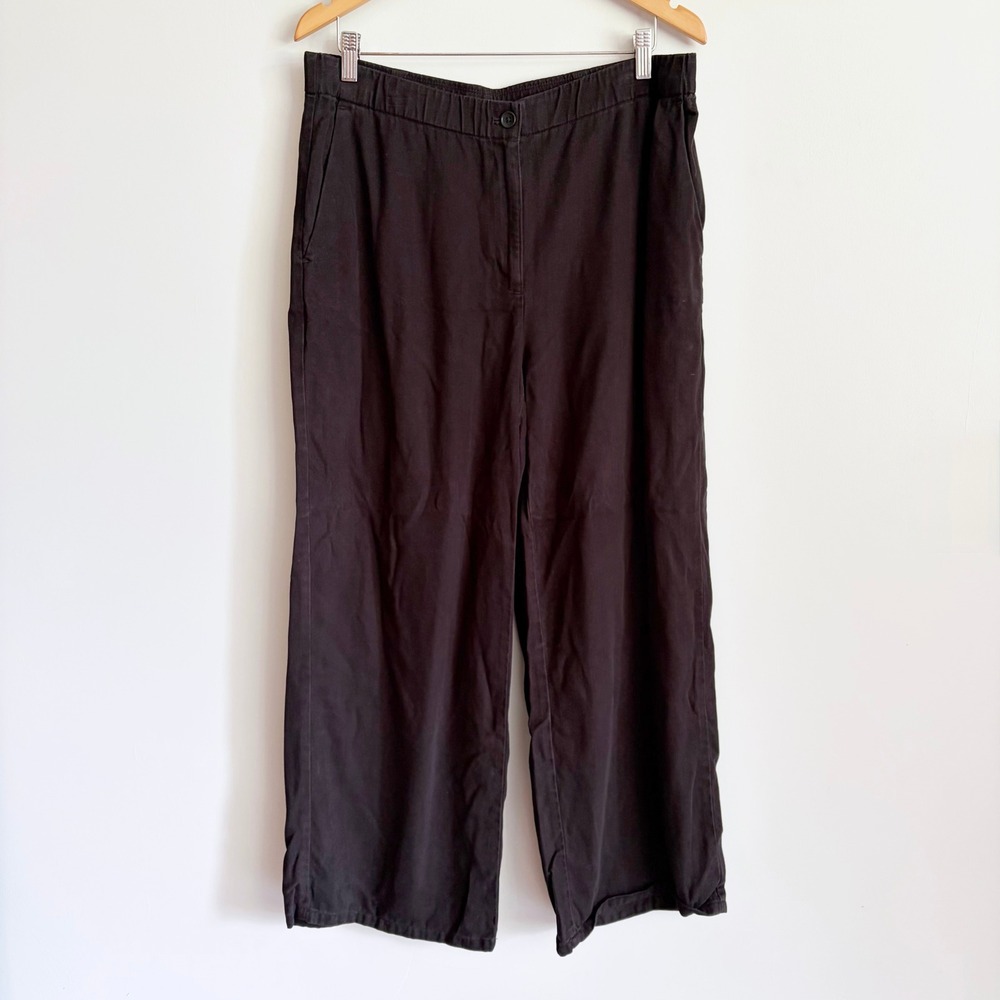 Eileen Fisher Black Wide Leg Tencel Pants Size Large Twill Weave Relaxed Fit